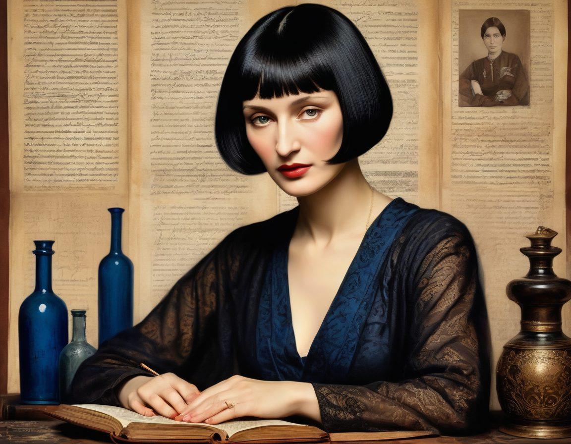 A portrait of Anna Akhmatova, with her iconic bob haircut and intense gaze, set against a backdrop of 20th-century Russia. Elements such as manuscripts, old books, and ink bottles surround her, reflecting her poetic legacy. Lush tones of sepia and deep blue evoke a sense of nostalgia and timelessness. painting. vintage style. rich textures.