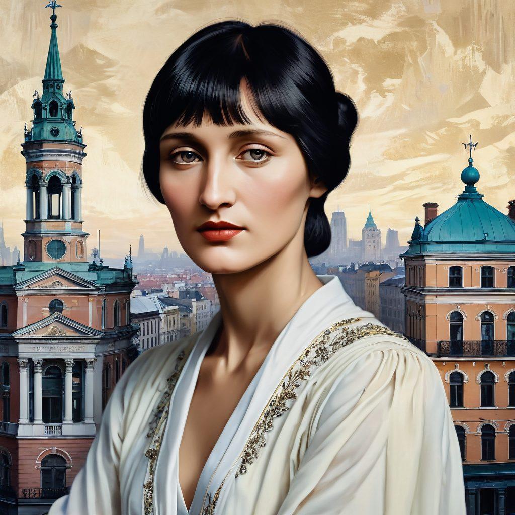 A delicate portrait of Anna Akhmatova with a backdrop of early 20th century St. Petersburg, capturing the essence of the Silver Age of Russian poetry. The image should include subtle elements like quills, parchment, and ethereal light, symbolizing Modernist literature. The city's skyline and historic architecture should be evident, with a muted, nostalgic color palette. painting. vintage style.