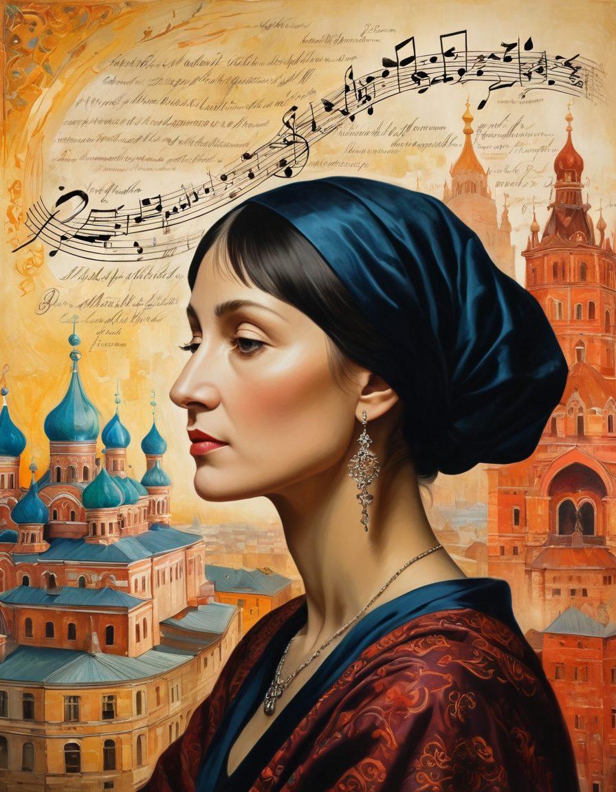 A vibrant, emotional depiction of Anna Akhmatova, surrounded by floating, ethereal musical notes and poetic phrases in Russian calligraphy, set against a backdrop of an early 20th-century Russian cityscape. Her expression is deep and contemplative, reflecting the profound influence she had on literature. painting. vibrant colors. moody ambiance.